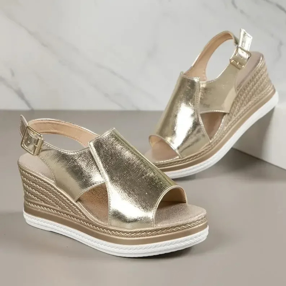 Messina Peep-Toe Buckle Wedge Sandals