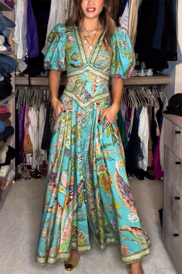 Amelia Quinn | Vestido largo vaporoso con mangas abullonadas y escote en V