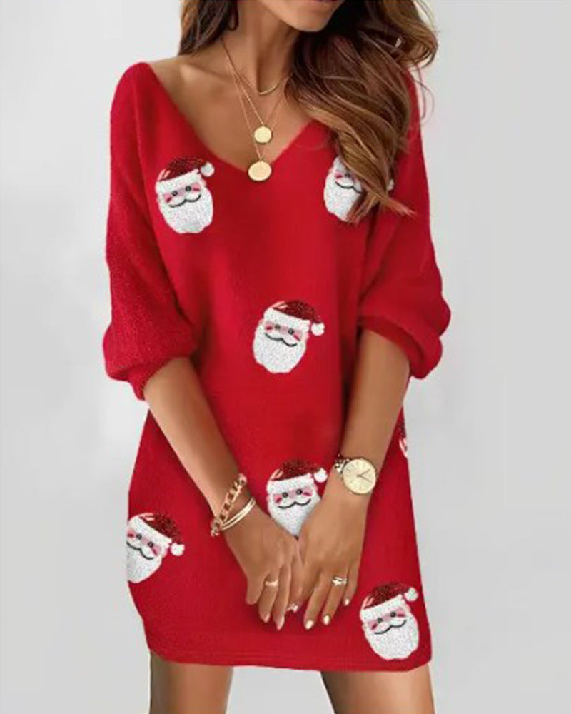 Elizabeth | Women’s Santa Print Christmas Sweater Dress
