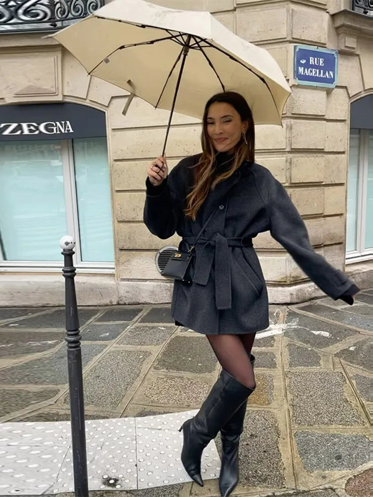 Anna | Women’s Winter Belted Stand Collar Short Coat