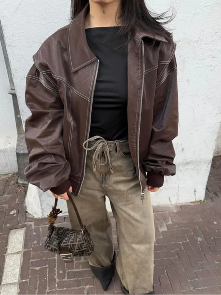 Samantha | Women’s Oversized Leather Bomber Zip Jacket