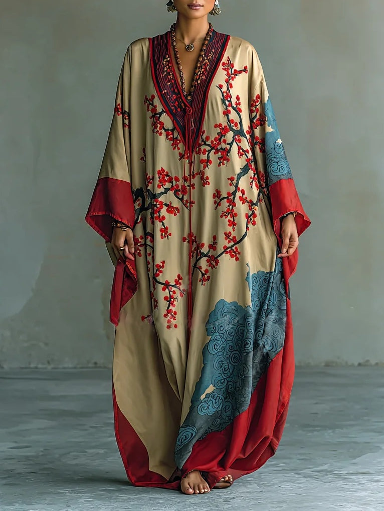 Japanese Red Plum Blossom Maxi Dress with Batwing Sleeves and Print Maria & David New York Japanese Red Plum Blossom Maxi Dress with Batwing Sleeves and Print Maria & David New York