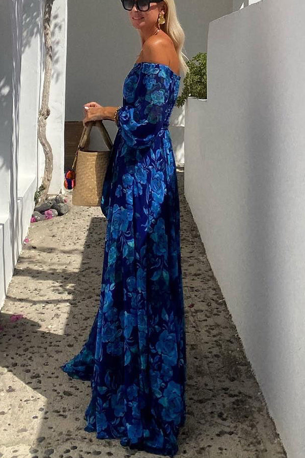 Francesca - Vestido largo con estampado floral y hombros descubiertos