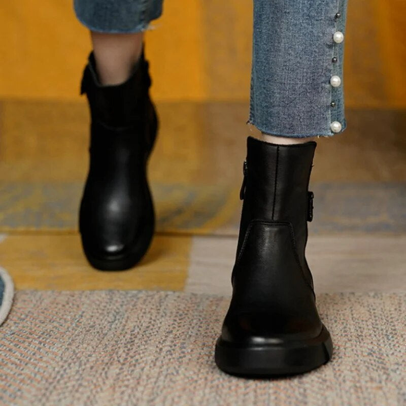 Women's Leather Buckle Ankle Boots