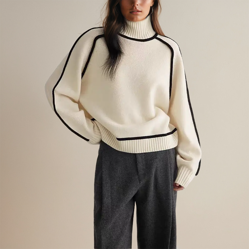 Women’s Ribbed Turtleneck Sweater with Side Stripes