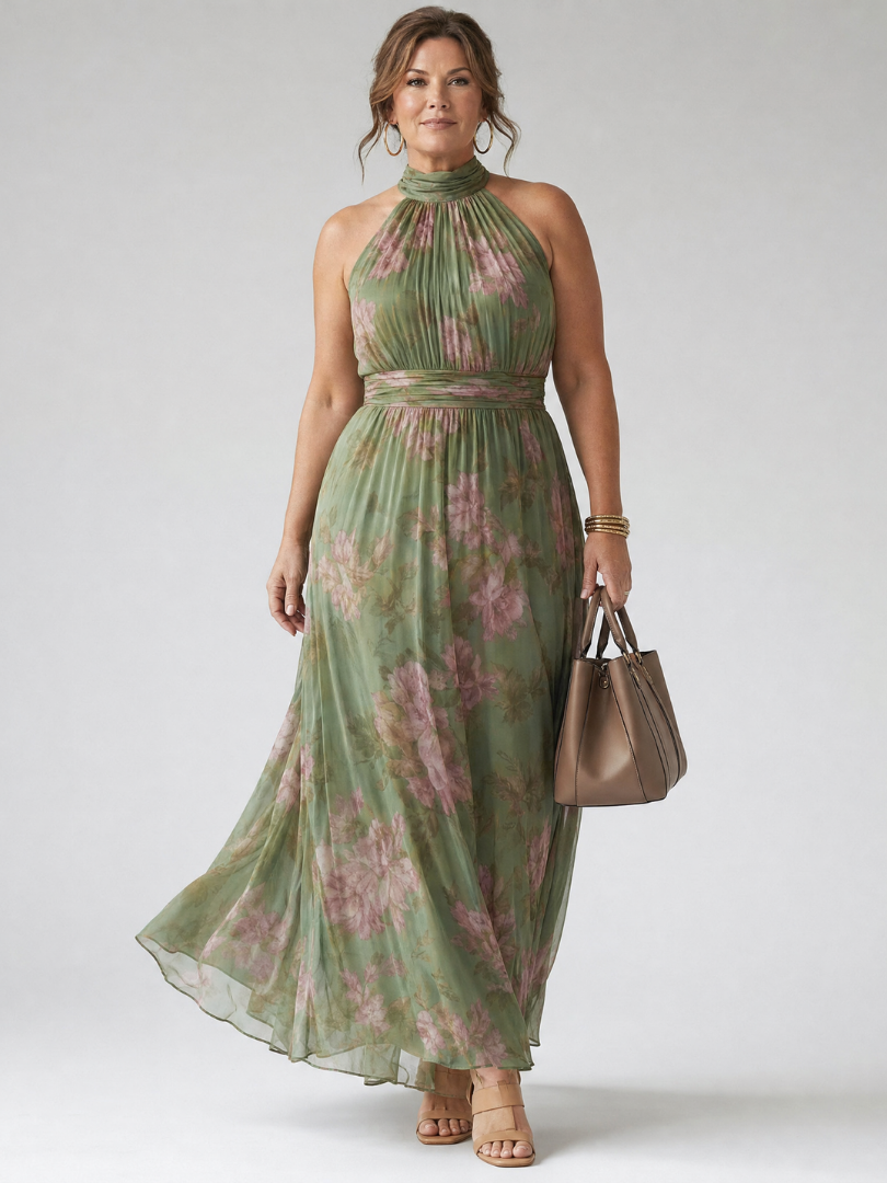 Floral Halter Maxi Dress with Gathered Neckline