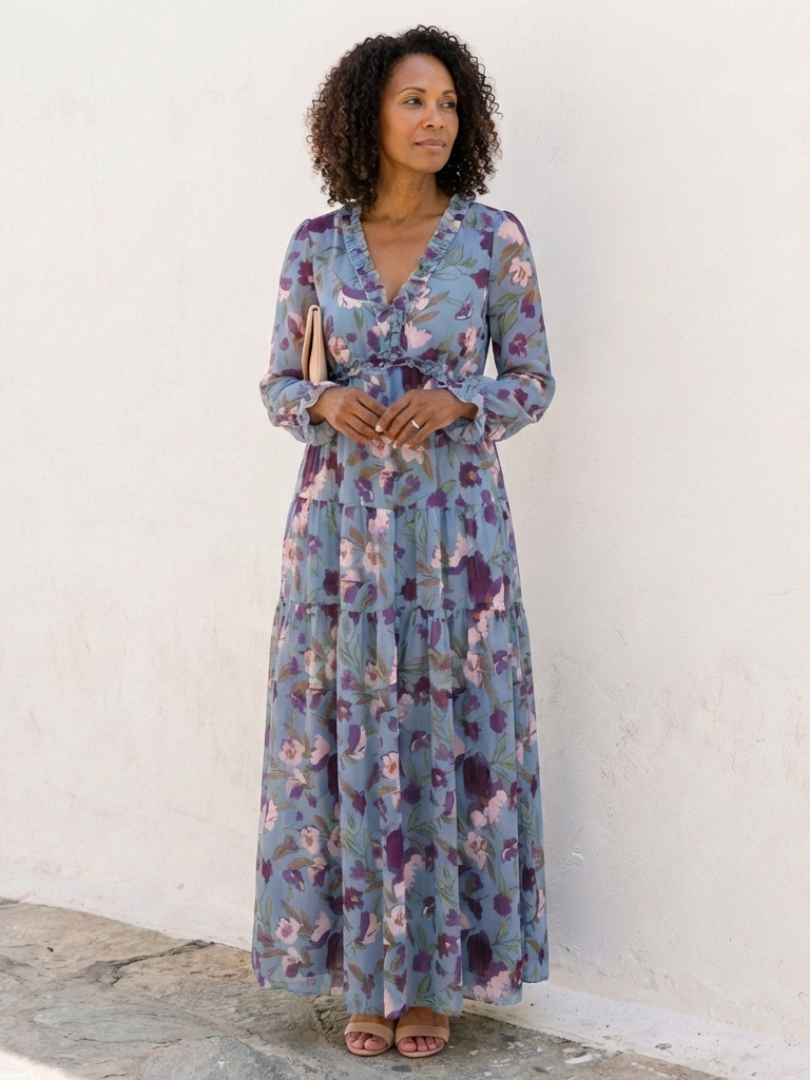 Floral Wrap Maxi Dress with Balloon Sleeves