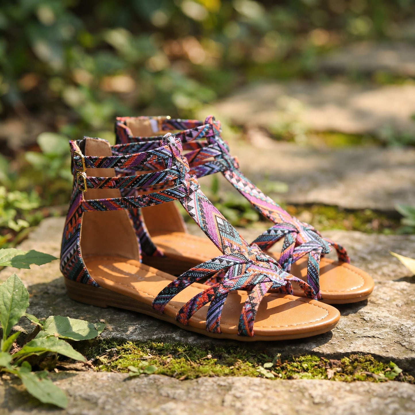 Sandalias gladiadoras bohemias con cremallera trasera