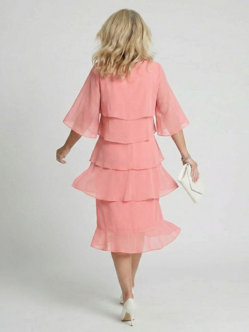 Tiered Chiffon Midi Dress with Elbow Sleeves