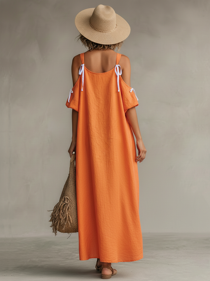 Women's Tangerine Linen Dress With Cold Shoulder & High-Low Hem, Timeless Boho-Resort Style Dress