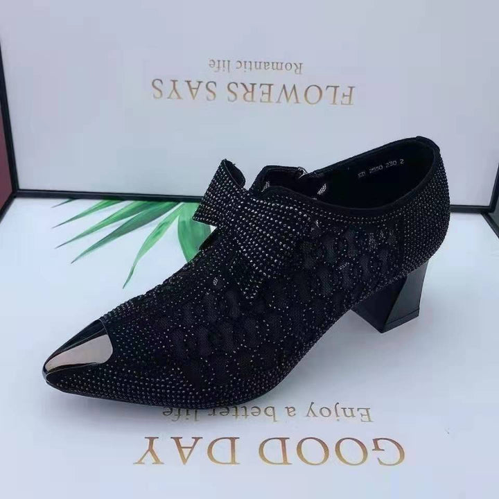 2024 Summer Casual Rhinestone Hollow Chunky Heel Shoes and New Belt Buckle Solid Color Plus Size Women's Sandals