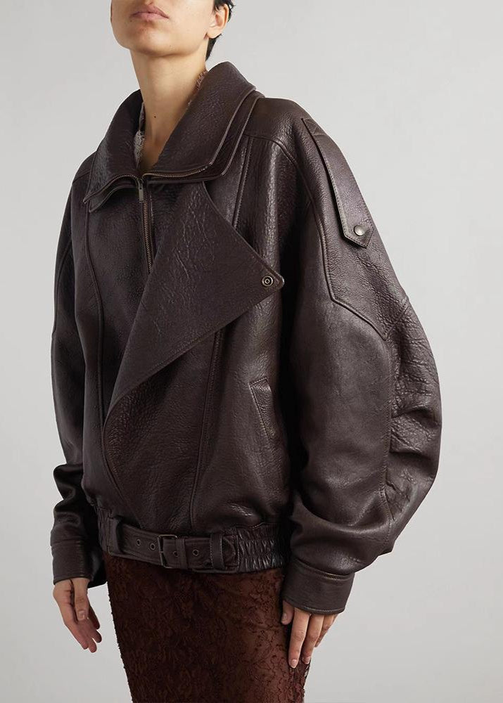 Sarah | Chaqueta bomber de cuero extragrande con cinturón para mujer