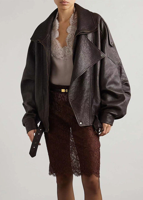 Sarah | Chaqueta bomber de cuero extragrande con cinturón para mujer