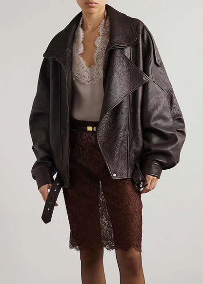 Sarah | Chaqueta bomber de cuero extragrande con cinturón para mujer