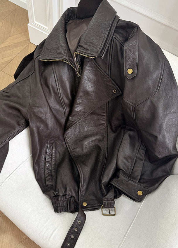 Sarah | Chaqueta bomber de cuero extragrande con cinturón para mujer