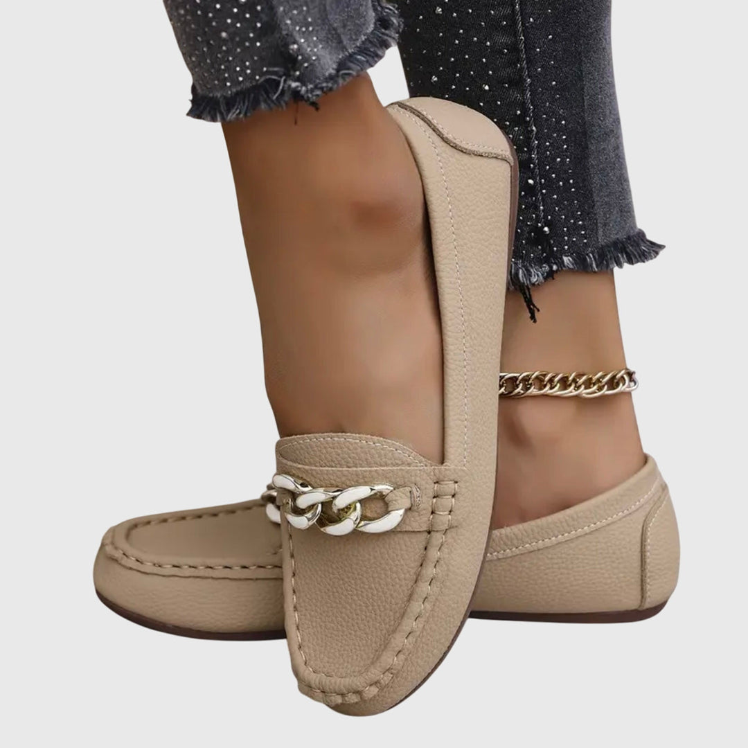 Gold Chain Comfort Slip-On Real Leather Loafers