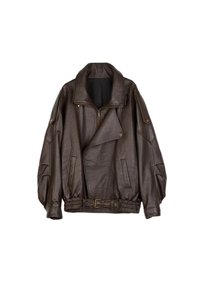 Sarah | Chaqueta bomber de cuero extragrande con cinturón para mujer