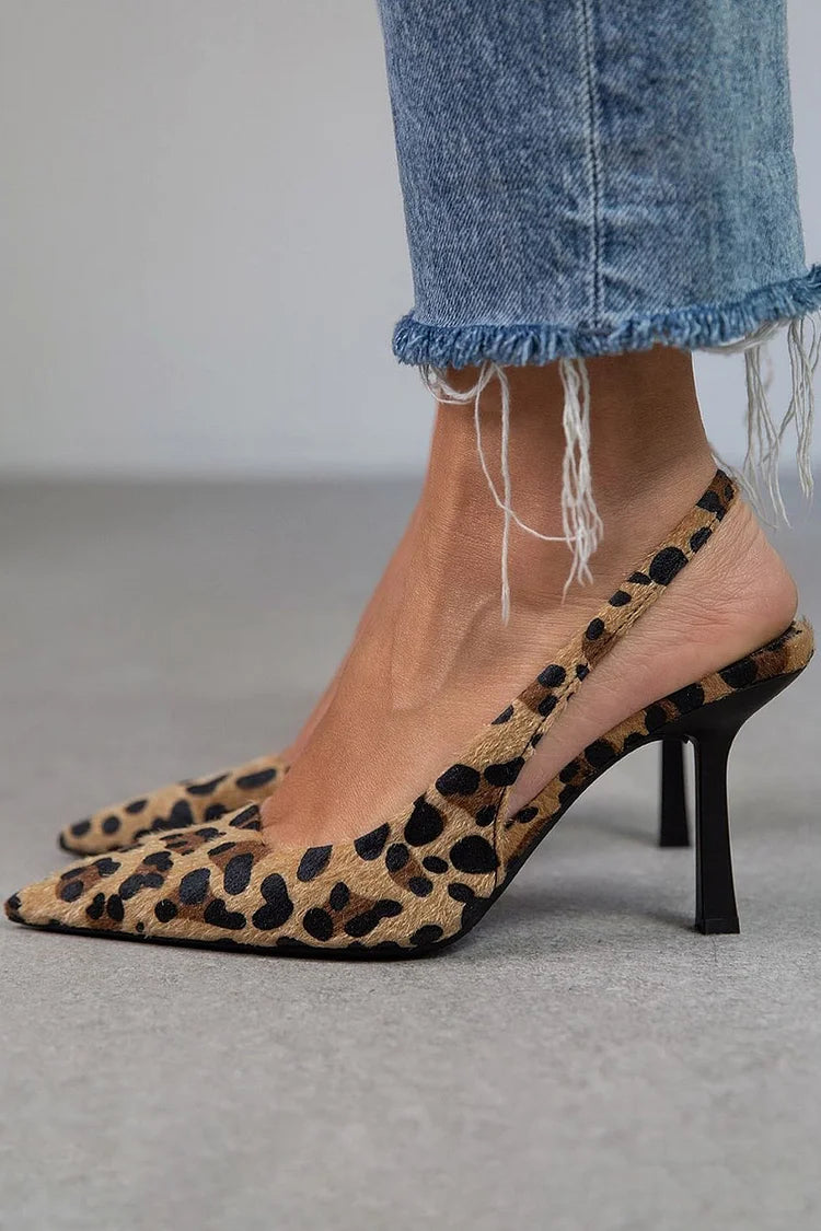 Maria | Tacones Stiletto Slingback de Leopardo con Punta en Punta Color Caqui