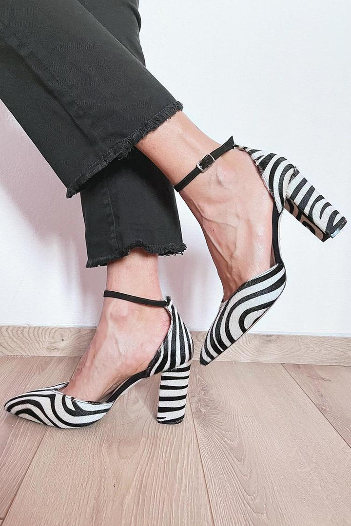 ZEBRA PRINT REAL LEATHER PUMPS WITH ANKLE STRAP