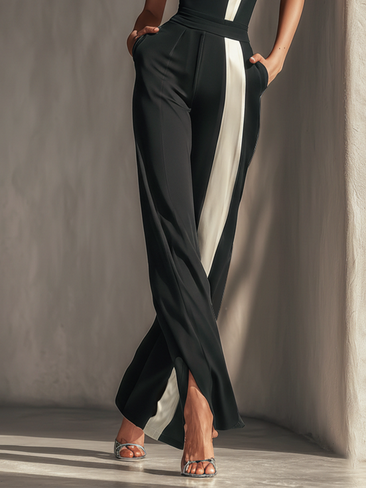 Women's Black Strapless Jumpsuit With Contrast White Vertical Stripe & Side Pockets