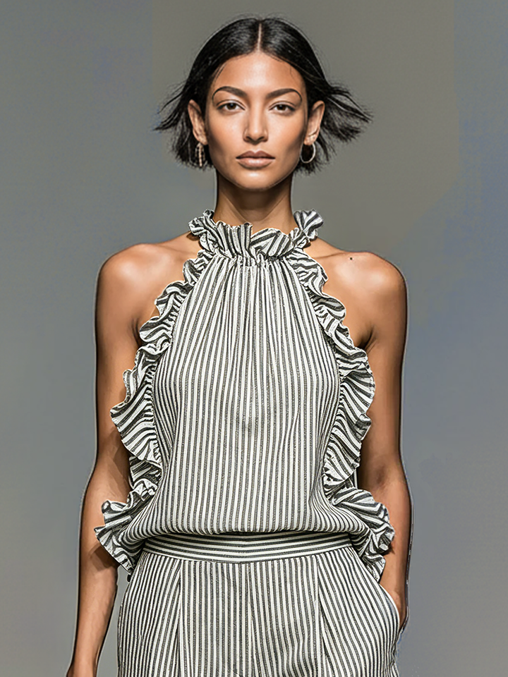 Women's Minimalist Striped Sleeveless Ruffled Blouse And Shorts Set