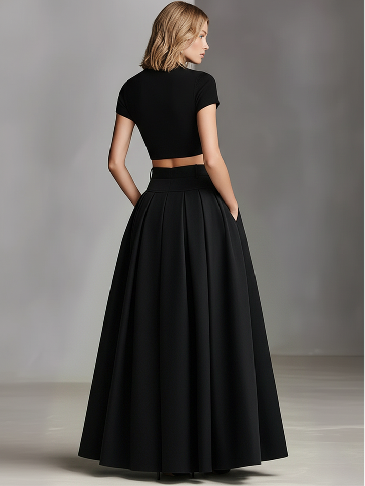 Women's Black Stretch-Knit & Woven Set With Cropped Top & Maxi Dress, Timeless Sleek-Chic Style Set (without Belt)