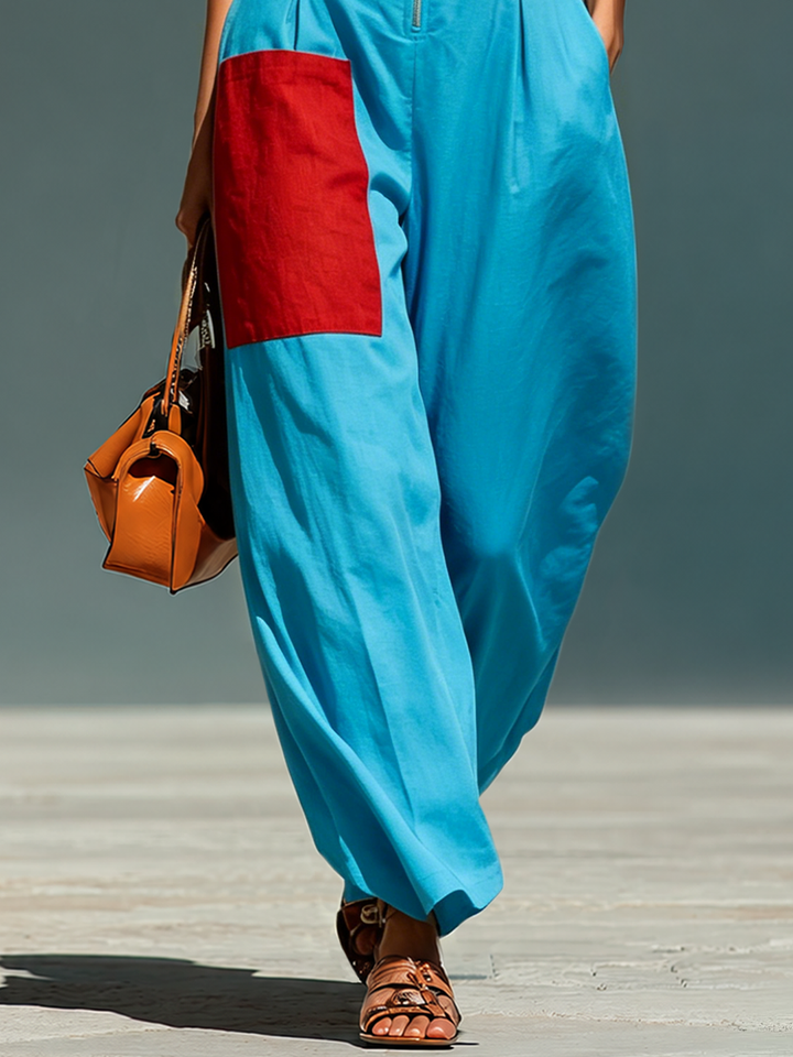 Women’s Blue Linen-Blend Sleeveless Jumpsuit With Red Patch Pockets & Half-Zip Stand Collar