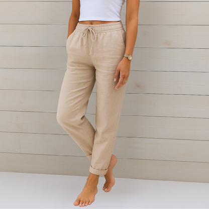 Maylora | Pantalones de lino relajados con cordón ajustable