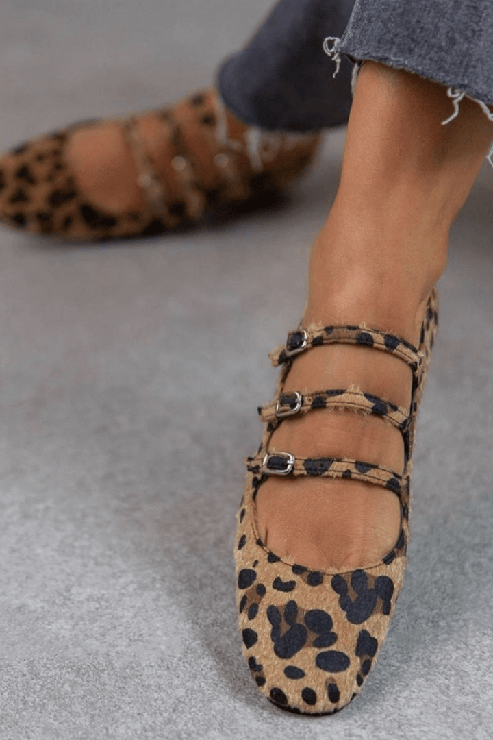 LEOPARD BUCKLE REAL LEATHER FLATS
