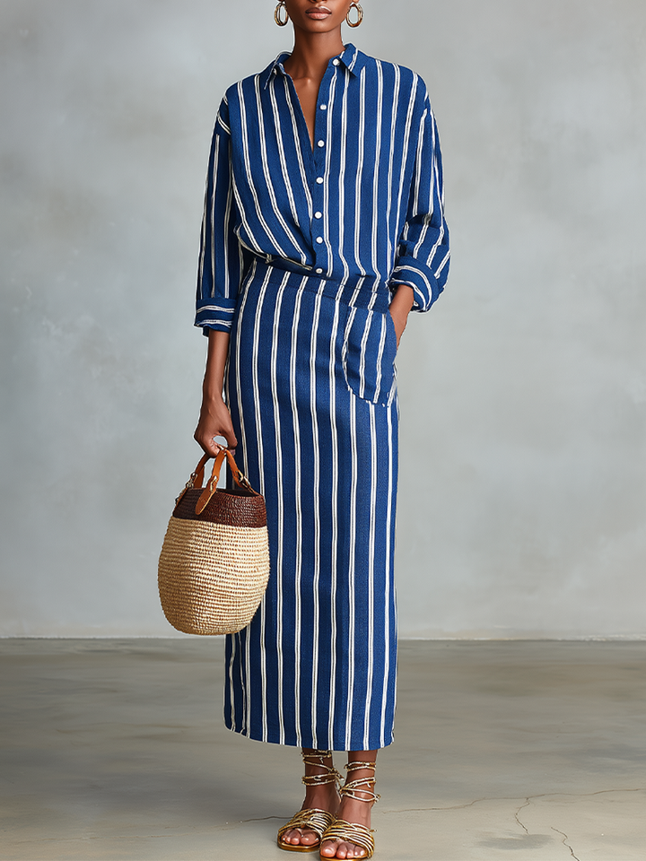 Women's Royal Blue White Stripe Cotton-Blend Co-Ord With Button Front Blouse & Elastic Waist Straight Maxi Skirt, Effortless-Chic Summer Daily Outfit