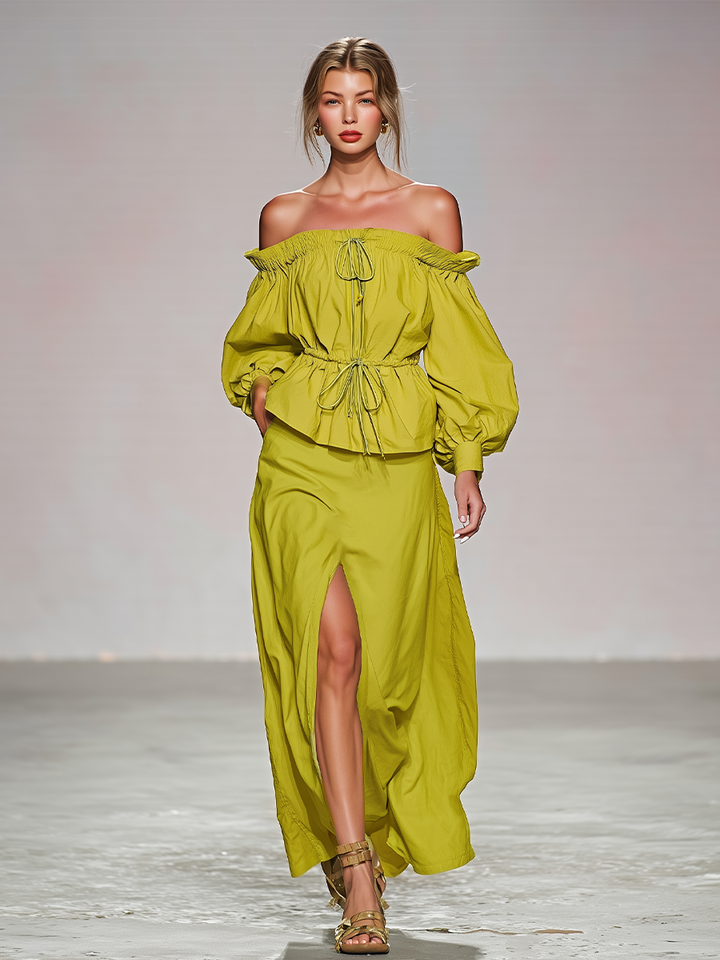 Women's Lime Green Cotton Two-Piece Set With Off Shoulder Puff Sleeve Drawstring Top & High Slit Maxi Skirt, Romantic Boho Summer Resort Outfit