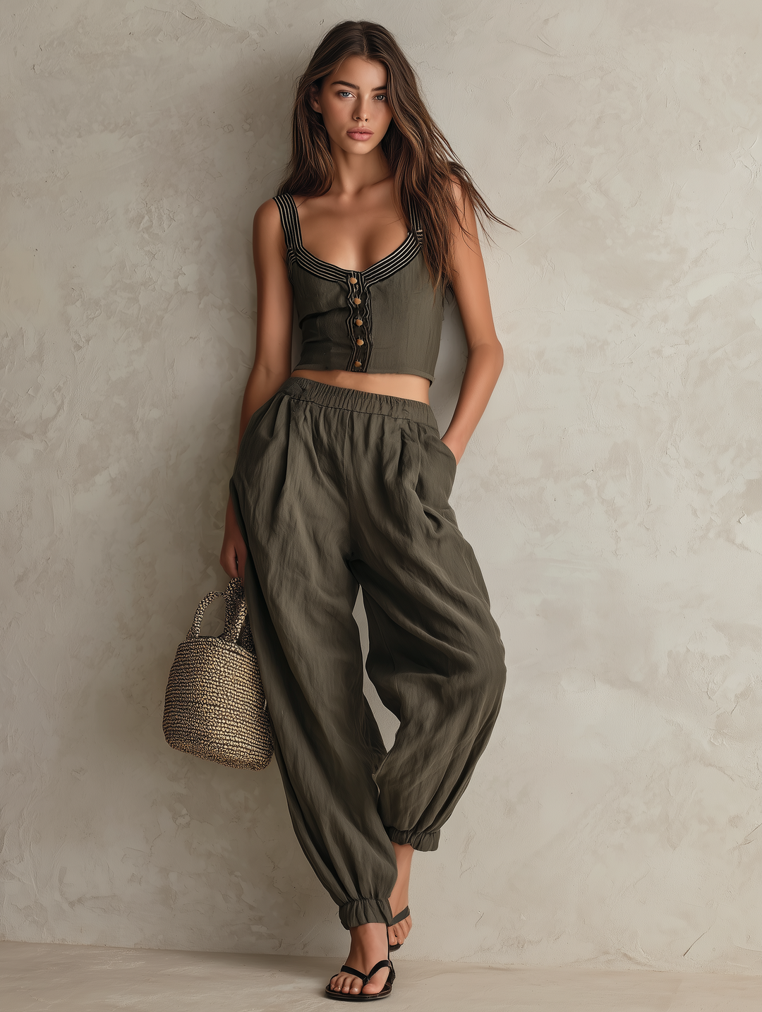 Women's Casual Grey-green Woven Sleeveless Top Paired With Trousers.