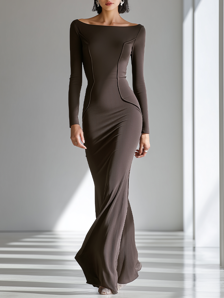 Women's Chocolate Brown Figure-Hugging Jersey Gown With Wide Boat Neck & Vertical Contour Seams, Contemporary Versatile Cocktail Floor Length Dress