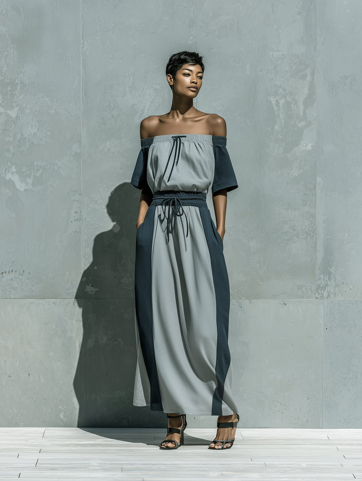 Women’s Two Tone Grey Off The Shoulder Short Sleeve Drawstring Waist Color Block Loose Maxi Dress With Side Pockets