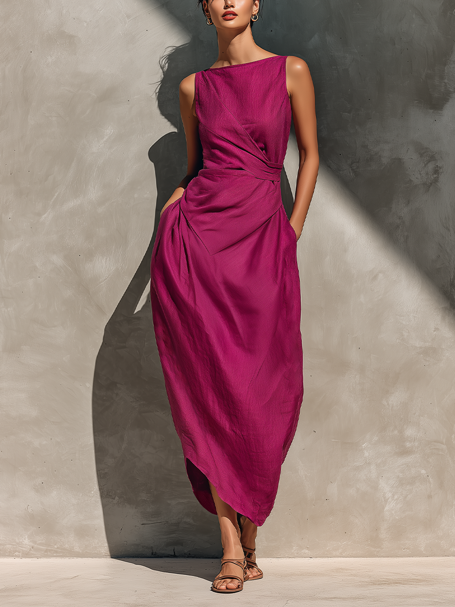 Women’s Fuchsia Linen Sleeveless Boat Neck Cross Asymmetric Hem Midi Dress With Side Pockets