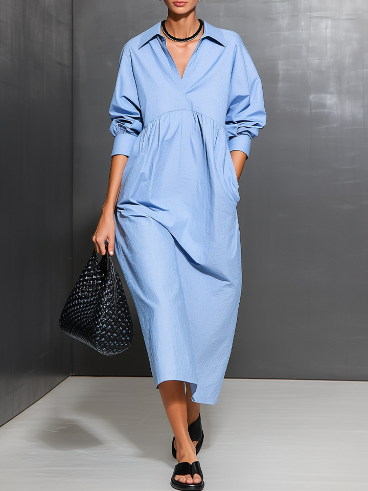 Women's Light Blue Cotton-Blend Oversized Dress With Puffed Cuff Long Sleeves & Side Pockets, Modern Effortless-Chic Daily Shirt Dress