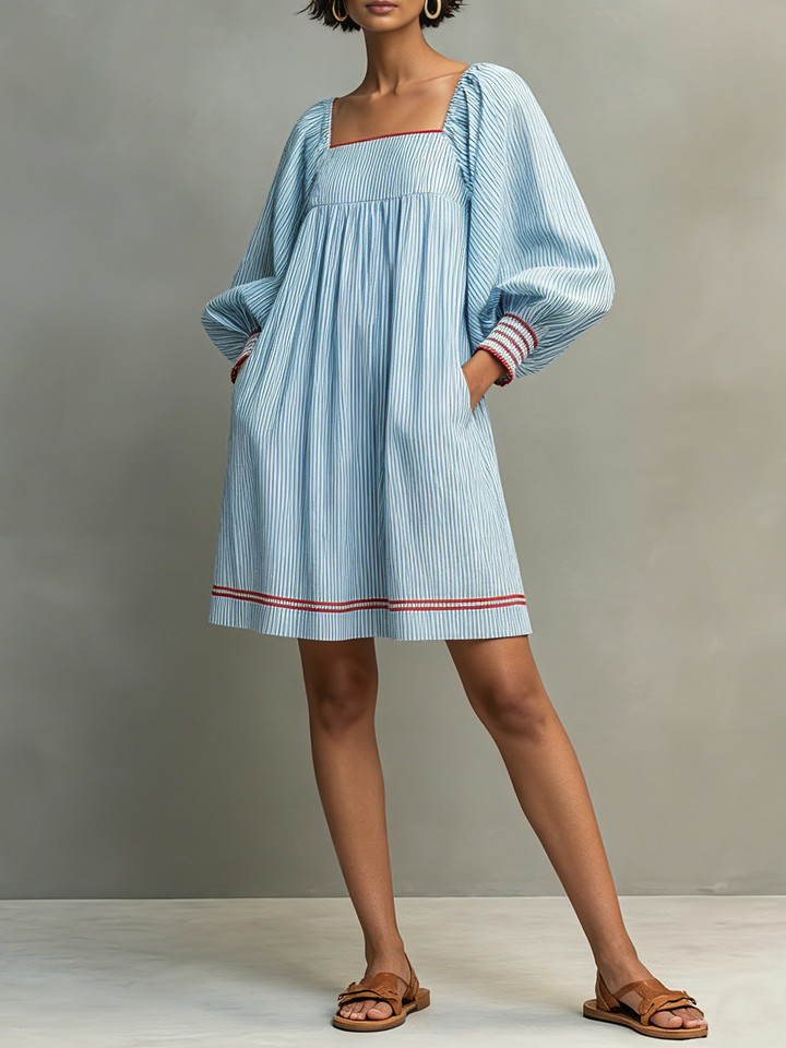 Women's Two-way Wear Design Minimalist Striped Mini Dress Featuring Red-trimmed Lantern Sleeves