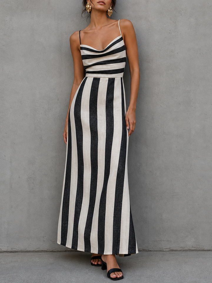 Women's Minimalist Striped Print Spaghetti Strap Cowl Neck Maxi Dress