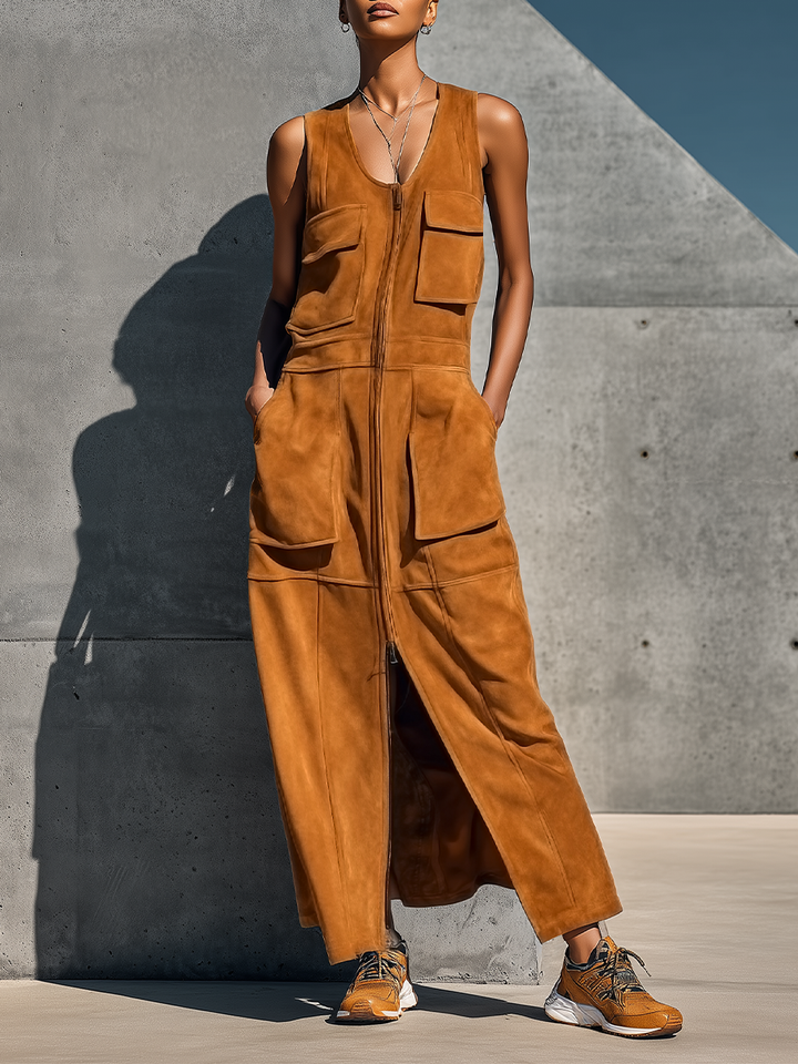 Women’s Camel Faux Suede Sleeveless U-Neck Full Front Zip Multi Patch Pockets Side Split Maxi Cargo Dress With Side Pockets