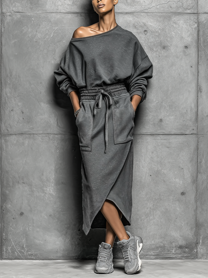 Women's Dark Grey Off-shoulder Sweatshirt-style Dress With A Drawstring Waist And Asymmetric Hem