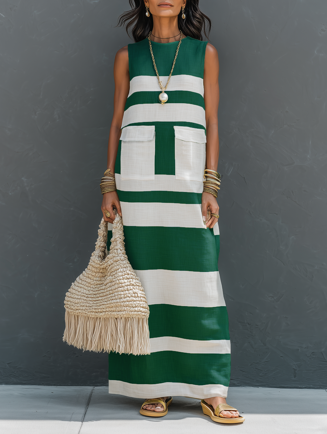Women's Minimalist Color-Block Striped Sleeveless Maxi Dress