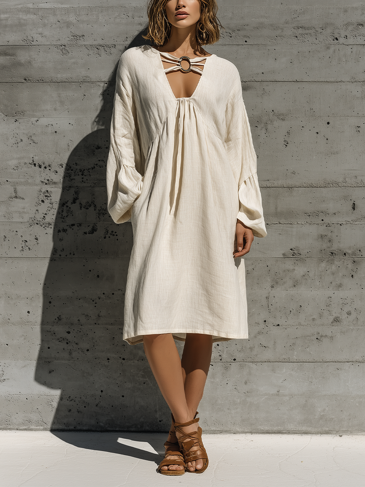 Women’s Resort Wear Beige Linen Oversized Long Bubble Sleeve Front Ring Cutout Flowy Midi Shift Dress