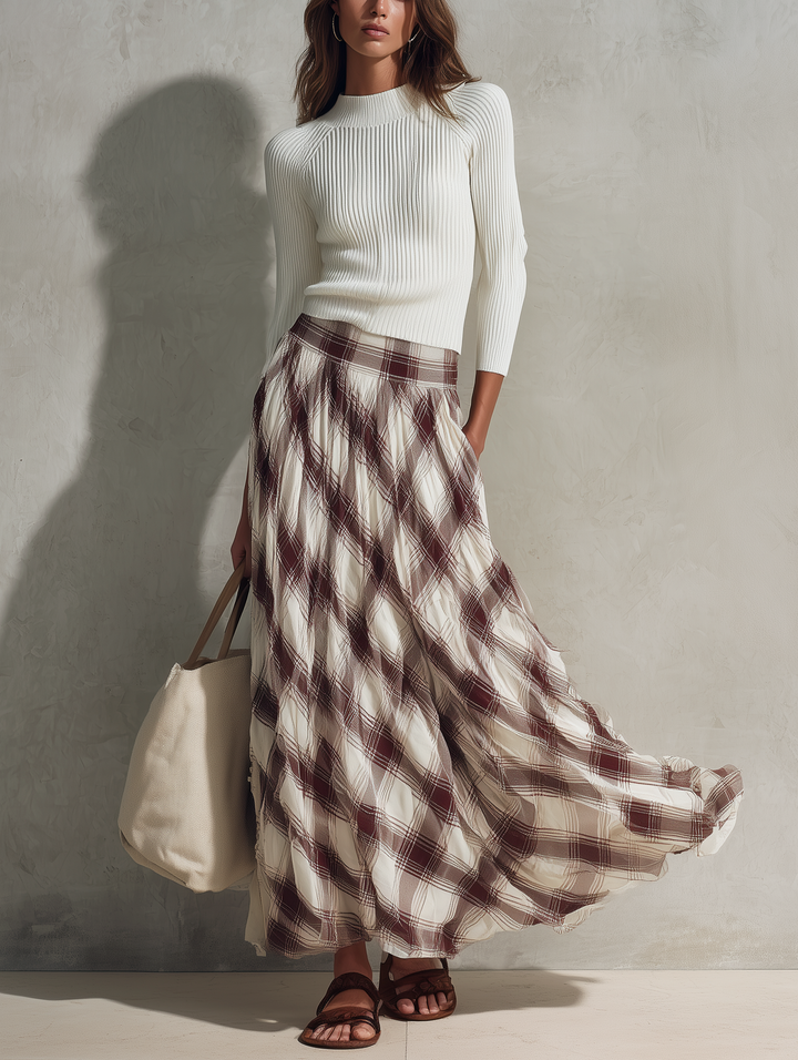 Women's Casual Off-white Long-sleeved Knit Top With A Round Neck, Paired With A Dark Red Printed Chiffon Skirt