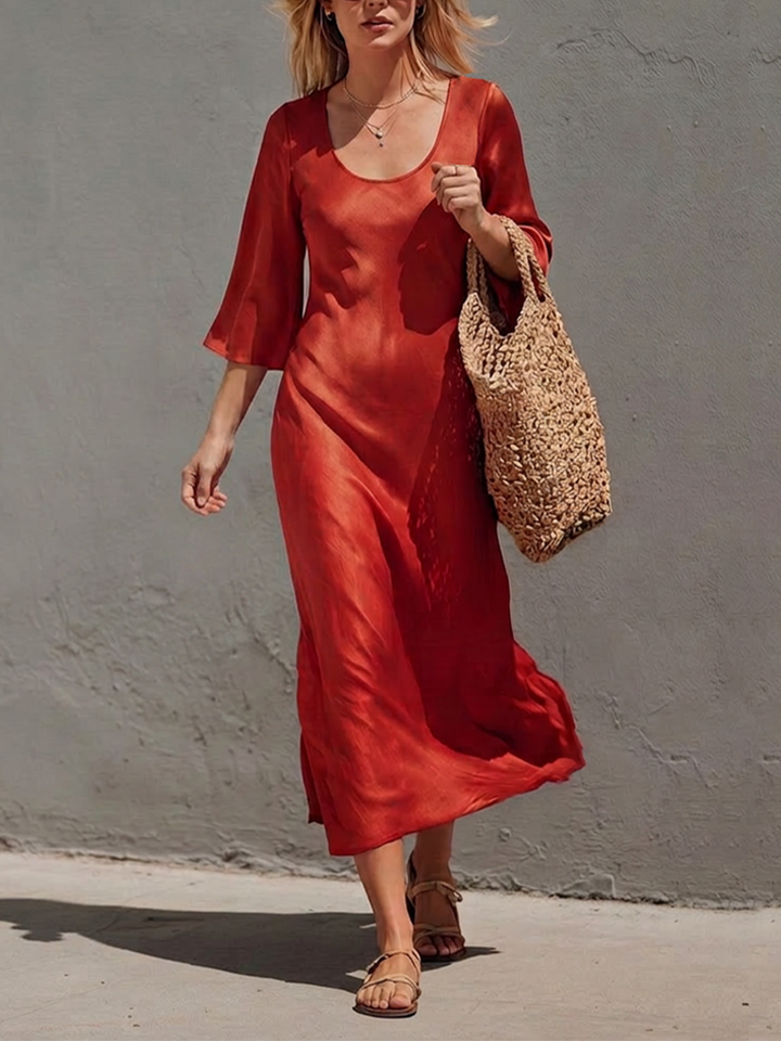 Women's Rust Red Satin Midi Dress With Wide U Scoop Neck & Flared Three Quarter Sleeves, Boho Elegant Flow Side Slit Vacation Midi Dress