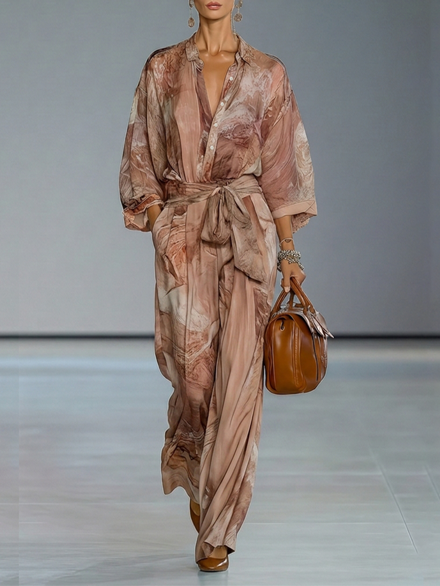 Women's Dusty Pink Print Chiffion Jumpsuit With Collared Half Placket & Self Tie Waist Belt, Modern Elegant Vacation Full Length Jumpsuit