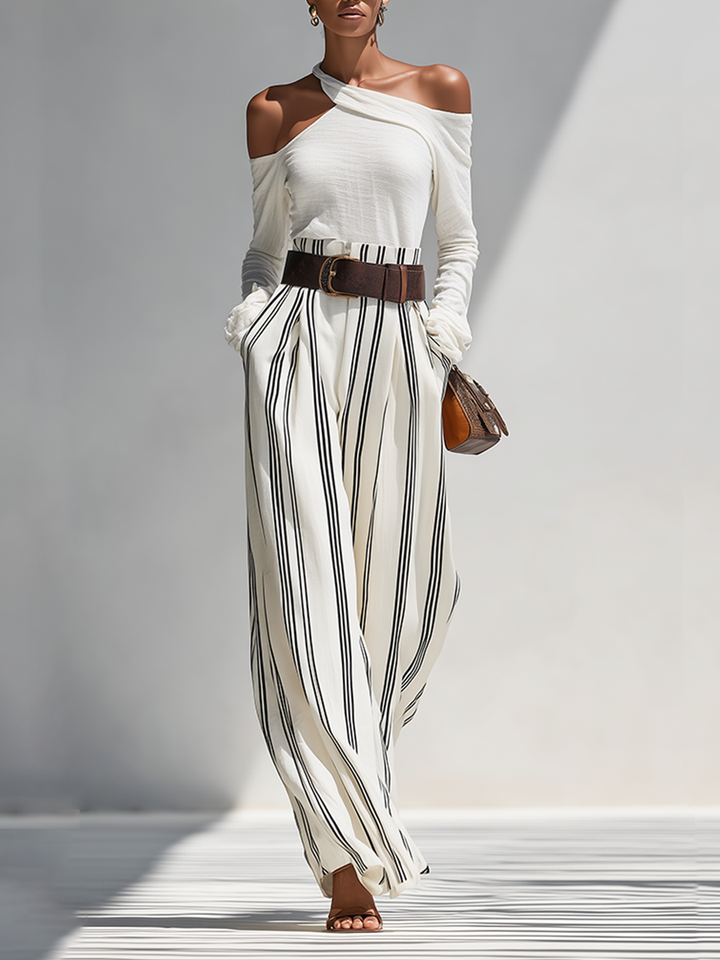 Women's Solid White Light Knit Co-Ord With One Shoulder Cutout Blouse & Pleated Striped Flow Palazzo Trousers, Modern Effortless-Chic Daily Casual Two-Piece Set (without Belt)