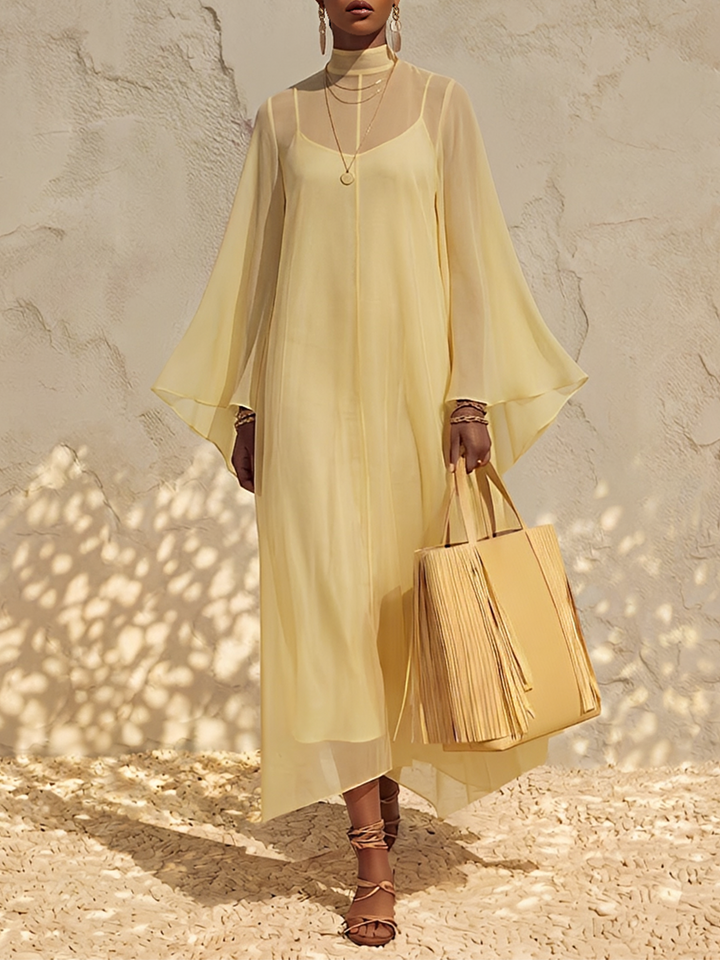 Women's Pale Yellow Sheer Chiffon Maxi Dress With Mock Neck Bell Flare Sleeves & Inner Slip Camisole, Minimalist Boho Resort Flowy Maxi Dress