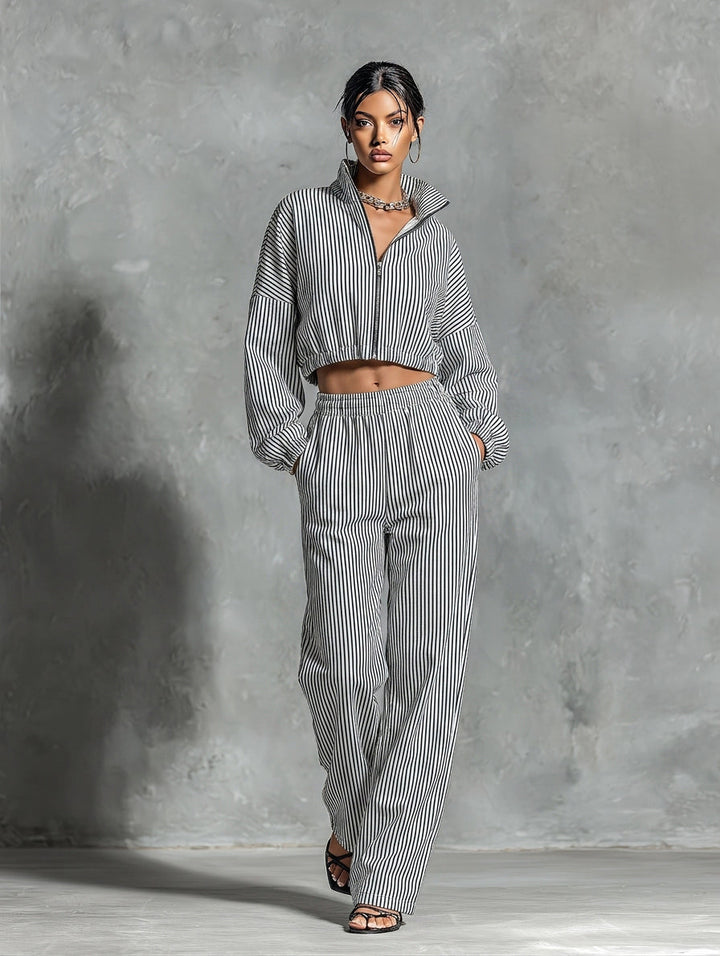 Women’s Black White Vertical Stripe Stand Collar Full Zip Cropped Jacket & Elastic High Waist Wide Leg Pocket Pants Two Piece Tracksuit Set