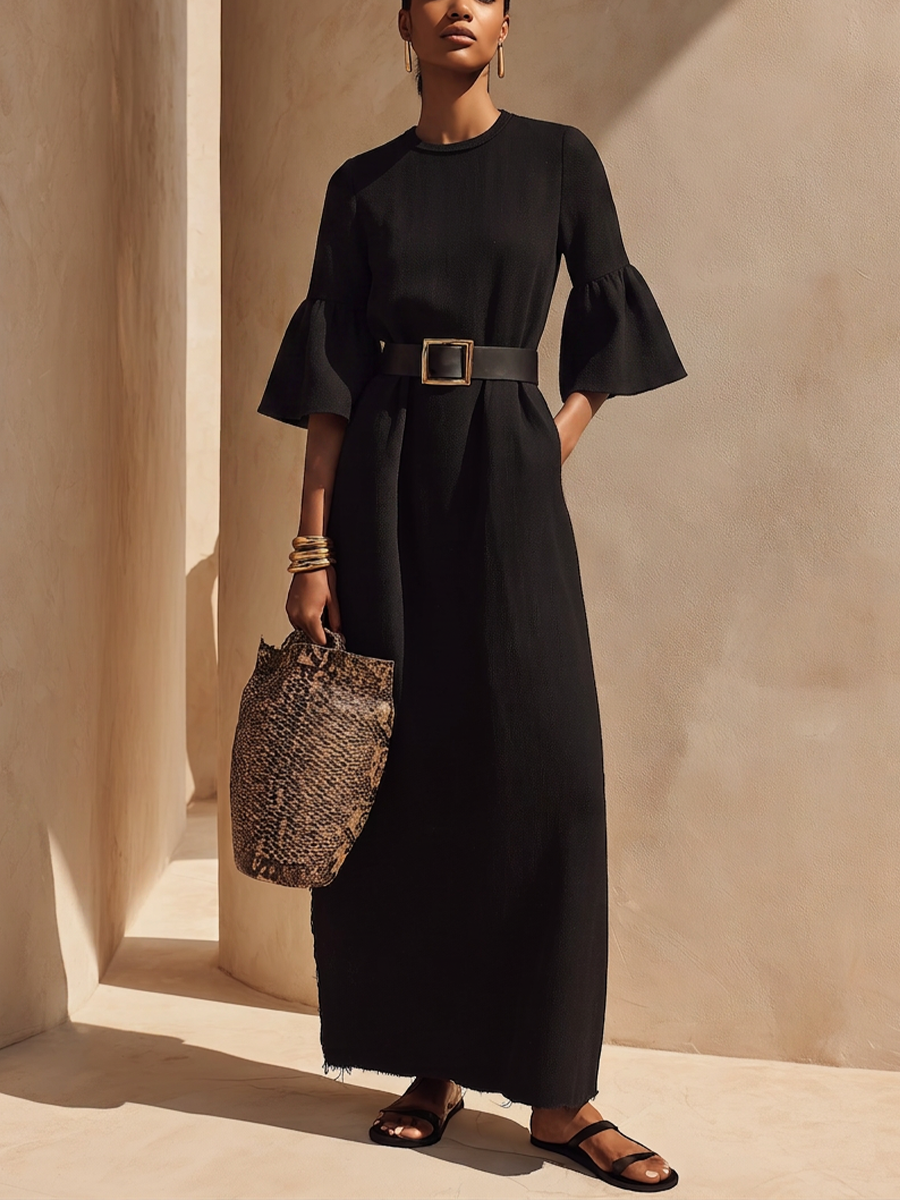 Women’s Black Crew Neck Flare Half Sleeve Raw Frayed Hem Midi Maxi Dress With Side Pockets