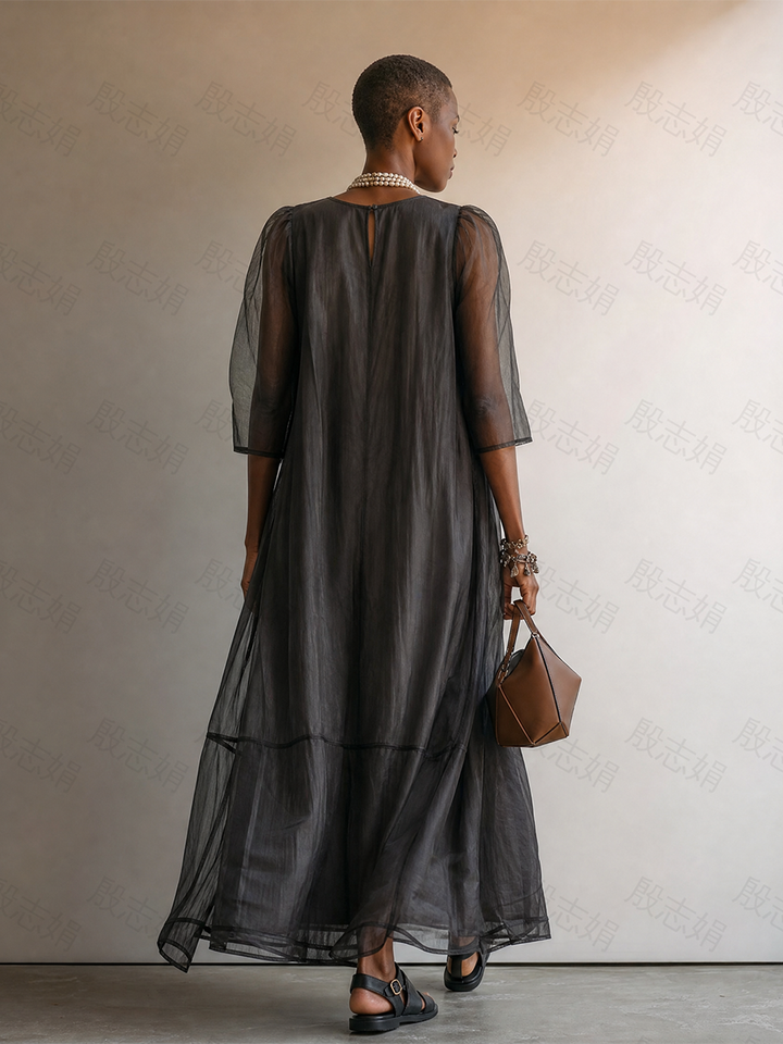 Women’s Dark Gray Minimalist Sheer Chiffon Overlay Round Neck Mid Sleeve Flowy Tiered Oversized Maxi Dress